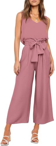 FANCYINN Conjunto de pantalones cortos de 2 piezas para mujer Pantalones de bolsa de papel recortados de cintura alta con cuello en V y tirantes anchos con cinturón Top y pantalón Rosa cereza claro M