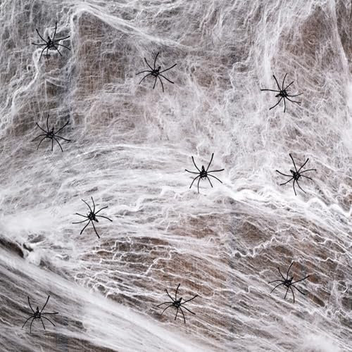 Dxmcgttbd Ragnatela Halloween,60g Ragnatela di Decorazione di Halloween,con 10 Ragni Finti,Stretch Ragnatele Estensibili Bianca,Ragnatela per Decorazioni spaventose,per Feste di Halloween Ragnatela