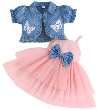 Yanmucy Barnflicka koftklänning set 2 st flickor ärmlös tyll tutu kortärmad polka dot ruffle coat toppar klänningar för flickor, Rosenröd, 12-18 M�nader