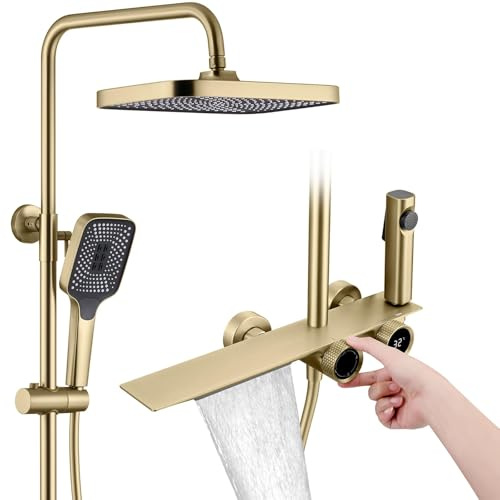 Duschpelare, borstat guld duschset med digital display, 320 x 300 mm duschhuvud, handdusch i 3 lägen, duschpelare med vattenfall badkarspip, väggduschkit