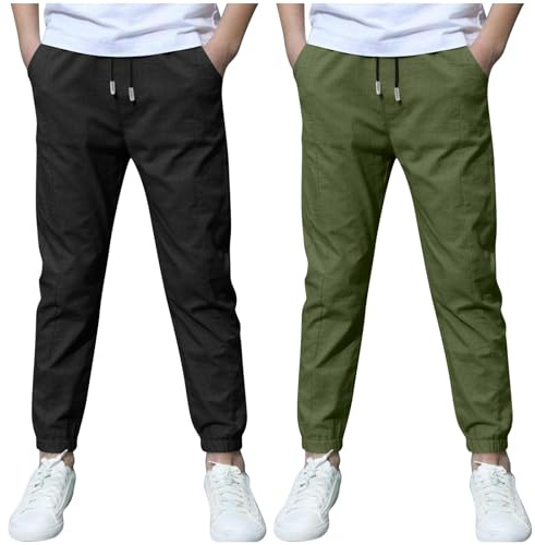 KODMNSW 2er Pack Hosen Jungen Baumwolle Leinen Hose Dünn Sommerhose Robust Arbeitshose Leinenhose Haremshose Einfarbig Outdoorhose Freizeithose 3-13 Jahre Schwarz 12 Jahre