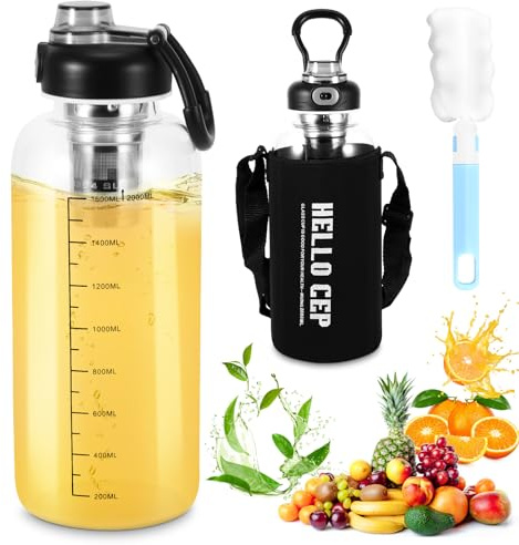 Glass Tea Infuser Bottle 2L, Large Glass Water Bottle with Removable Stainless Steel Filter, Leakproof Travel Tumbler Tea Tumbler with Infuser for Hot Cold Tea Home Office Outdoor Use (Black)