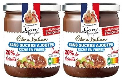 Pâte à tartiner sans sucre ajouté Lucien Georgelin 20% noisette et chocolat Lot de 2 pots 400g - Nutriscore A