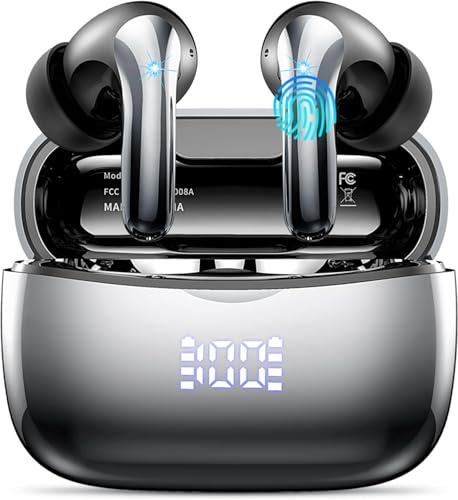 Wireless Earbuds, Bluetooth 5.3 Headphones In Ear with 4 ENC Noise Cancelling Mic, 56H Playtime Wireless Headphones with LED Display, IPX7 Waterproof Ear Buds with USB-C For Sport, Gradient Black.