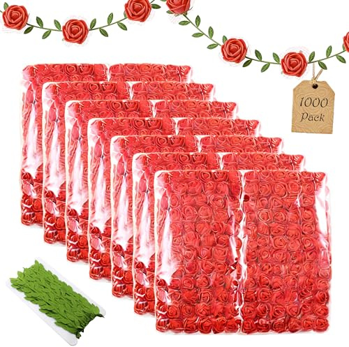 Vignor 1000 Pcs 0.6 Inch Mini Fake Rose Head with Gauze Small Foam Artificial Flowers Bulk for Floral Arrangement Bouquet Wreath Hair Clip Party Decoration DIY Craft (Coral Red)