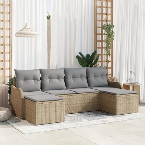RMIHSJG Lot de 6 canapés de jardin, avec coussins beiges, en polyrotin, meubles d'extérieur pour terrasse et balcon, groupe de sièges modulaires avec coussins gris clair, structure en rotin résistant