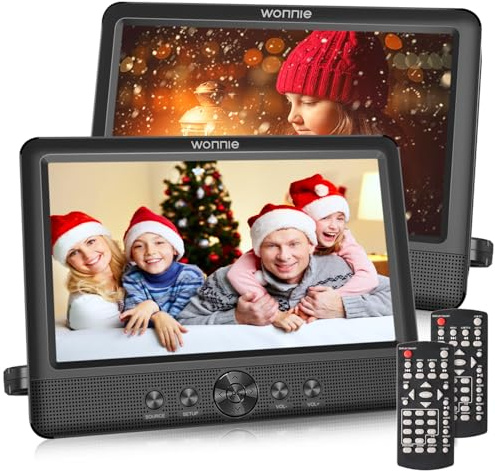 WONNIE 10.5 Two DVD Players Dual Screen for Car Portable CD Player, Play a Same or Two Different Movies with Two Mounting Brackets, 5-Hour Rechargeable Battery, Support USB/SD Card Reader
