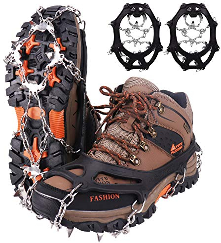 WIN.MAX Steigeisen Grödel Eisspikes, Schuhkrallen mit19 Edelstahl Zähne Spikes Schuhkrallen Grödeln Eisspikes für Klettern Bergsteigen Trekking High Altitude Winter Outdoor (Schwarz, L)