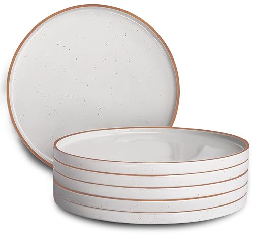 MORA Ceramic Flat Dinner Plates Set of 6, 10.5 in High Edge Dish Set - Microwave, Oven, and Dishwasher Safe, Scratch Resistant, Modern Dinnerware- Kitchen Porcelain Serving Dishes - Vanilla White