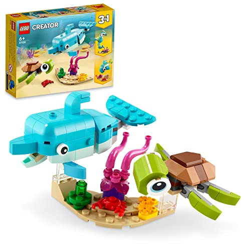 LEGO 31128 Creator 3-in-1 Delfin und Schildkröte, Seepferdchen, Fisch, Meerestieren-Figuren, Spielzeug zum Bauen