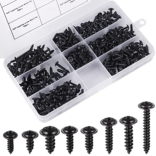 Fentar 350PCS Assortiment de Vis Autotaraudeuse M3 M3.5 M4 M4.8 Vis à Tole Noire Cylindrique Autoperceuse Autoforeuse de Bonne Qualité Durable Plaqué au Zinc avec Boîte Plastique Pratique