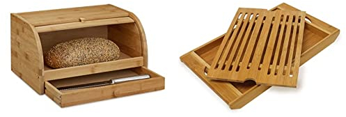 Relaxdays Rollbrotkasten mit Schublade, Bambus,HxBxT: 21 x 40,5 x 28 cm, Holz, natur & Brotschneidebrett aus Bambus ca. 3 x 37 x 21,5 cm Schneidebrett mit Krümelfach zur leichten Reinigung natur