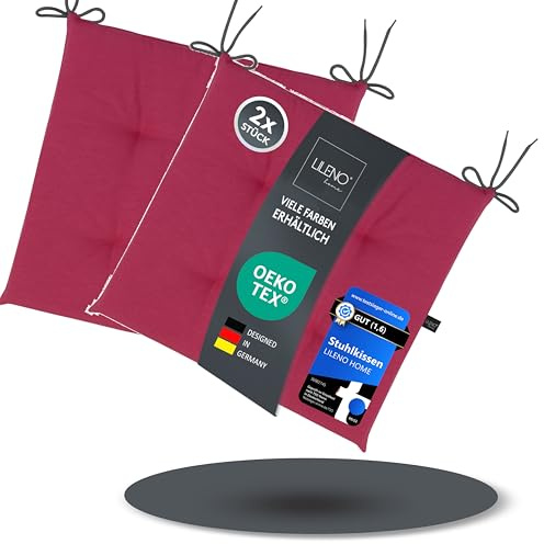 LILENO HOME 2er Set Stuhlkissen Weinrot (40x40x4,5 cm) - Sitzkissen für Gartenstuhl, Küche oder Esszimmerstuhl - UV-beständige Indoor u. Outdoor Stuhlauflage als Stuhl Kissen (Laura FUM)
