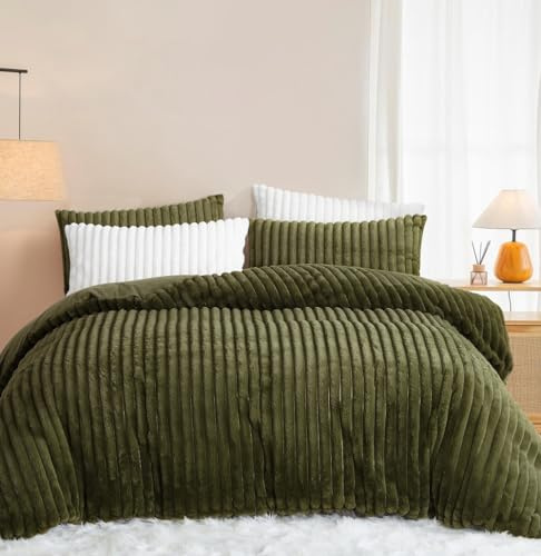 Lanqinglv, set di biancheria da letto in pile 220x240, verde oliva, calda biancheria da letto invernale, soffice, in flanella, finta pelliccia, biancheria da letto invernale, morbida, con tocco di