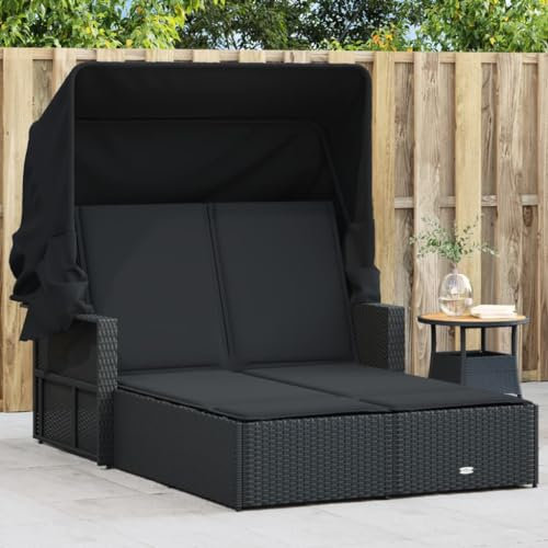 ZEYUAN Doppel-Sonnenliege mit Dach und Auflagen Schwarz Poly Rattan, Gartenliege, Liegestuhl, Sonnenstuhl, Sonneninsel Outdoor, Liegen, Gartenmöbel, Bäderliege, Relaxliege - 365807