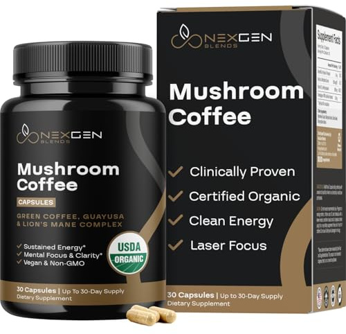 100% Organic Mushroom Coffee Capsules - Natural Energy Supplement with 130mg Caffeine from Clinically Proven Patented Green Coffee Bean & Guayusa Extracts for Jitter-Free Energy & Focus (30 Servings)