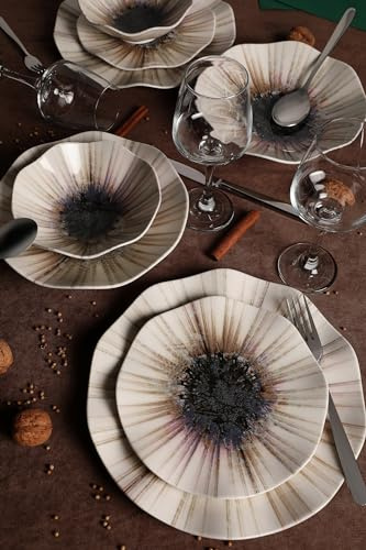 Élégant service à dîner 24 pièces, 100% porcelaine, avec assiettes, bols, assiettes à dessert, passe au lave-vaisselle et au micro-ondes, parfait pour toutes les occasions
