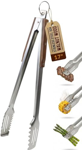 17-Inch Grill Tongs, Heavy Duty 304 Stainless Steel BBQ Tongs, Extra-Long Locking Grilling Tongs for Outdoor Grill & Smoker, Walnut Handle, Gift Pouch