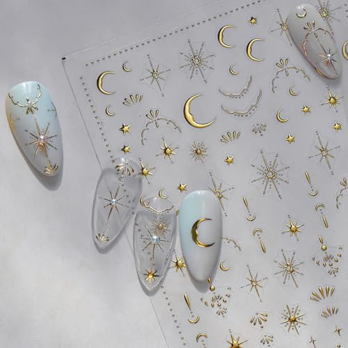 Moon Star 2 Sheet 3D Gold Nail Stickers - Luxury Nail Art Sticker for Women Girls, Self-Adhesive Gold Bronzing Nail Stickers for Manicure