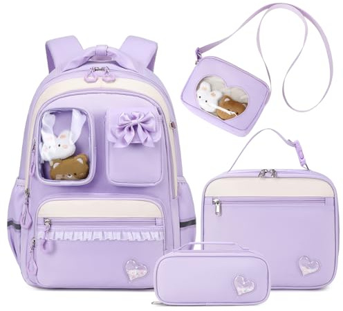 Amythe Mochila Colegio Niña, 4 Piezas Mochilas Escolares Primaria | Transpirables para Niñas, Mochila Adolescente Chica Kawaii con Estuche Bolsa de Almuerzo y Bolso Bandolera, Lila