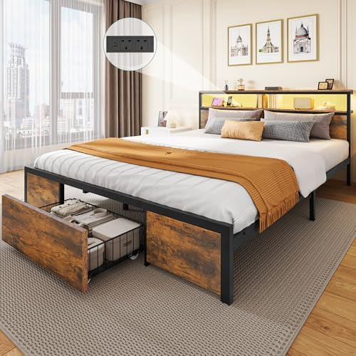 YITAHOME Bed Frame,LED with Headboard,Type-C USB Ports & Charging Outlets,Metal Platform Bed Frame No Box Spring Needed Super King Size Brown