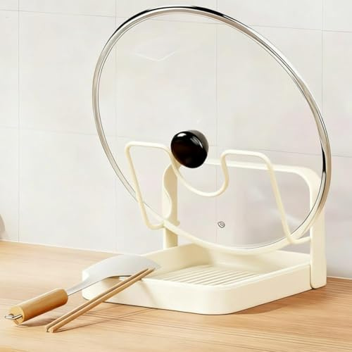 Genérico Estante de Almacenamiento para Tapas de Olla, Estante almacenamiento tape olla cocina, Soporte de Cocina Multifuncional con Charola de Drenaje Desmontable y Reposacucharas (Begie-Una capa)