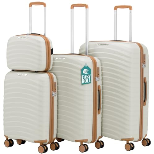 PROVITERA Set 4 Valigie Rigide con Beauty Case in Polipropilene Ultra Resistente agli Urti, Trolley Manico Telescopico e Ruote Easy Roll, Serratura Codice Rinforzata e Design Moderno (Bianco Perla)