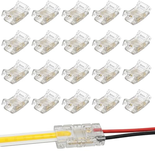 Stalora - Lote de 20 conectores LED de 2 pines, 8 mm, conexión fácil sin soldadura para cinta LED COB y SMD, mini conector transparente para tira luminosa de 12 V, 24 V