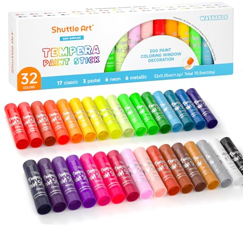 Shuttle Art Tempera Paint Sticks for Children, 32 Colours, Washable Gouache Tempera Paint Sticks for Kids, Twistable, Mess-Free, Fast Drying, Work Great on Paper Wood Glass Ceramic Canvas