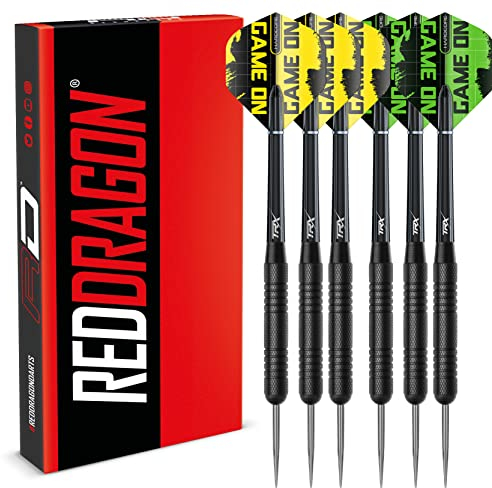 RED DRAGON Strata Game On Dart-Set - 20 Gramm Black Steel Tip Darts Set mit Flüge und Nylon Schäfte