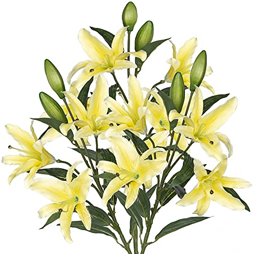 Grand Verde Lily Artificial Flowers Bulk Bouquet 30” Long Stems 12 Silk Flower Heads Wedding Decoration Indoor Home Decor DIY Floral Crafts Table Centerpiece, 3pcs (Yellow)