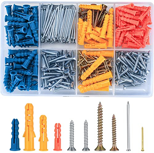 360 Pcs Assorted Screws and Wall Plugs Assortment, Chipboard Fish Type Wall Chipboard Fixings, Flat Head Self Tapping Masonry Wood Raw Plugs and Screws Nails