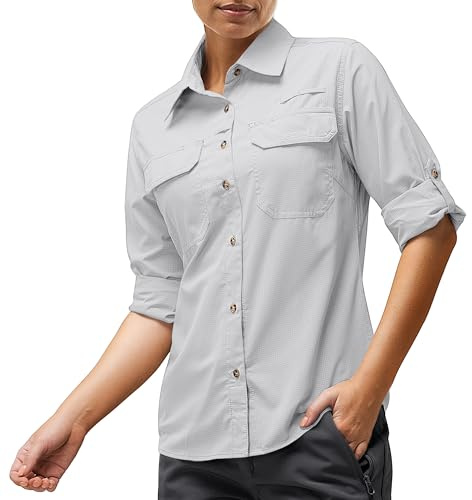 33,000ft Camisa para mujer UPF50+ con protección UV, de secado rápido, para tiempo libre, manga larga, para senderismo, pesca, safari, viajes, golf, gris plateado, XS