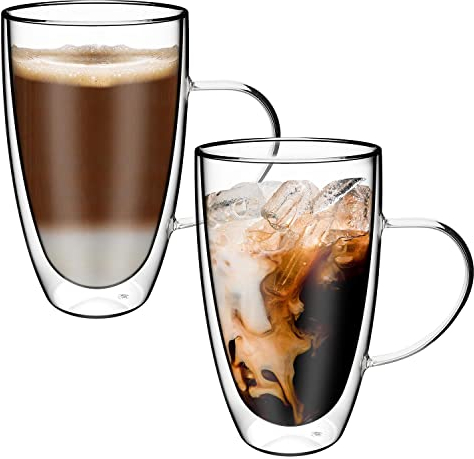 Vinsani PIVANO Lot de 2 tasses à café à double paroi 600 ml en verre borosilicate transparent résistant à la chaleur et au froid avec poignée pour cappuccino, latte, thé, dessert, boissons chaudes et