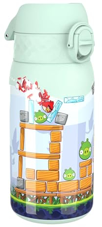 ION8 Kinder Trinkflasche, Edelstahl Leicht 400ml, Nicht Isoliert, Auslaufsicher, Einhandöffnung, Sichere Verriegelung, Spülmaschinenfest, Klappdeckel, Tragegriff, Leicht zu Reinigen, Angry Birds