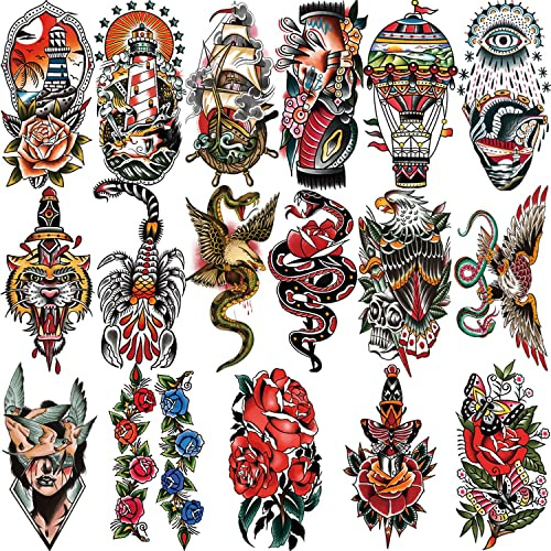 77 feuilles de tatouages temporaires imperméables pour femmes ou hommes 17 feuilles plus grandes demi-bras loup fleur serpent faux tatouages pour garçon ou fille et 60 feuilles petit autocollant