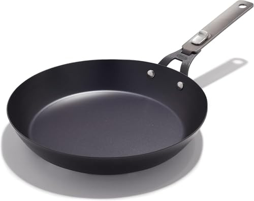 OXO Outdoor Pre-Seasoned Carbon Steel 12 Frying Pan Skillet, Detachable Handle for Easy Storage, Indoor Use, Nonstick with Use, Induction Suitable,Oven & Broiler Safe,Browning, Grill,Sear,Saute,Black
