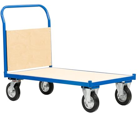 Long Goods Platform Truck, Heavy Duty Steel Trolley with Plywood Deck on Wheels (Base + 1 Wooden End)