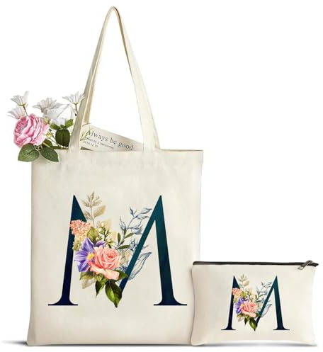 hamatata Personalizadas Inicial Bolsa de Lona, Bolso Tote de Mujer con Inicial y Flores, Bolsa de Compras con Bolso de Cosméticos, Regalos para Damas Amigas Mamá, Regalo de Cumpleaños Boda Navidad M