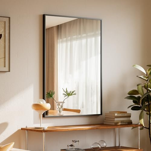 BEAUTYPEAK 81x61cm Rechteckiger Wandspiegel, Badezimmerspiegel mit schwarzem Aluminiumrahmen, Bruchsicherer Wandspiegel für Bad, Schlafzimmer, Wohnzimmer, Rectangular Bathroom Mirror