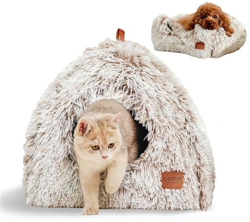 CATISM Cama para Gatos, Cueva para Gato de Interior, Plegable Cúpula Suave para Gatos, Casas para Gato 2 en 1 con Acolchada Lavable (45 x 45 x 45 cm), Camas para Gatitos y Perros Pequeños, Marrón