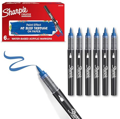 Sharpie Rotuladores acrílicos creativos Rotuladores al agua con punta de pincel | Tinta sin borrones | Escribe en la mayoría de superficies | Material escolar | Azul | 6 Piezas