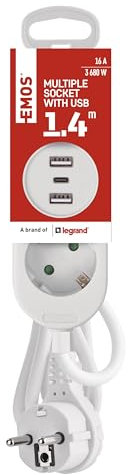 EMOS - Mehrfachsteckdose 2-Fach mit 3 USB Anschlüssen, Kabellänge 1,4 m - Steckdosenleiste 2X Steckdose mit USB-Laden 1x Typ C, 2X Typ A - Steckerleiste Wandmontage tauglich - IP20 für Innen - weiß