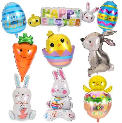 HOWAF 9 Pièces Ballon Paques, Ballons de Pâques Gros Aluminium Ballon Lapin de Paques Deco Helium Ballon Carotte Oeufs de Paques Decoration Deco Paques Extérieur Accessoires
