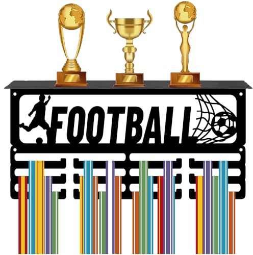 CREATCABIN Football Medal Hanger Display Soccer Metal Medal Holder Trophy Shelf Display Sports Medal Wall Mount Stand Trophy with Trophy Shelf Holder Medal Organizer Rack for Swim Bike 15.7x7.9 Inch