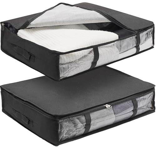 ALFASTAR Contenitori Sottoletto Salvaspazio in Tessuto con Cerniera, Maniglie e Finestre Trasparenti – Set 2 Pezzi per Vestiti, Scarpe, Coperte – Scatole Organizer Sotto Letto Resistenti