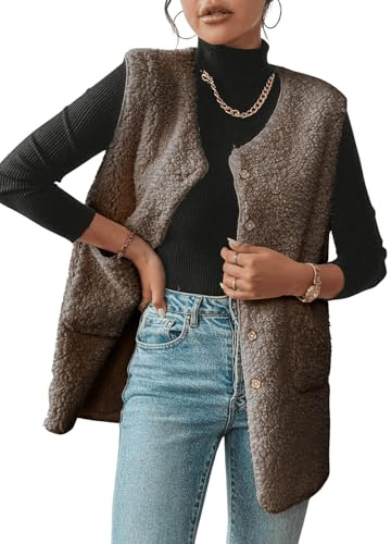 CheChury Gilet in Pile Lungo Donna Gilet Leggero Felpato Smanicato Sherpa Teddy Felpa Elegante Tasca Scollo a V Casual Termico Pulsante Giaccacon Bottone Autunno Invernale Fluffy Outwear