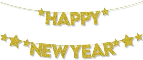 Happy New Year Guirlande décorative pour le Nouvel An 2026 Argentée Guirlande à paillettes Nouvel An Accessoires de décoration Eve Frohes Foil Guirlande à paillettes pour Nouvel An Soirée du Nouvel An