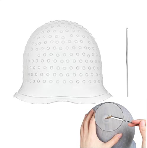 Punched Hole Silicone Highlight Hair Cap with Needle, Reusable Highlight Hat with Hook, Hairdressing Dyeing Staining Tools Kit, Prepunched Highlights Cap for Hair Salon
