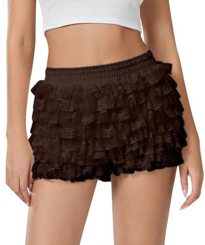 Pantalones Cortos de Encaje para Mujer Pantalones Cortos de Malla con Volantes Cintura Elástica Mini Shorts Retro Color Sólido Faldas para Baile Hotpants de Navideño Carnival, S-L (01-Brown, M)
